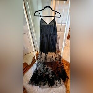 Elegant Black Sheer Floral Overlay Dress